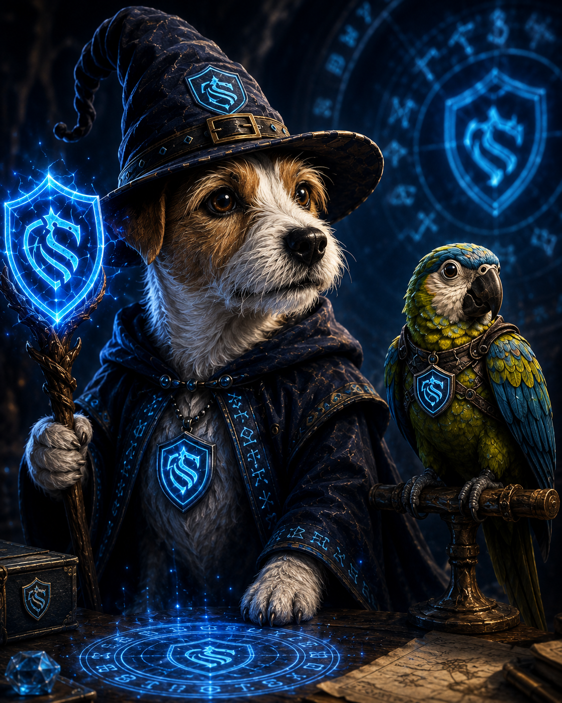 Rune, the wizard terrier, and Kip, the scout parrot — Leviathan's guardians